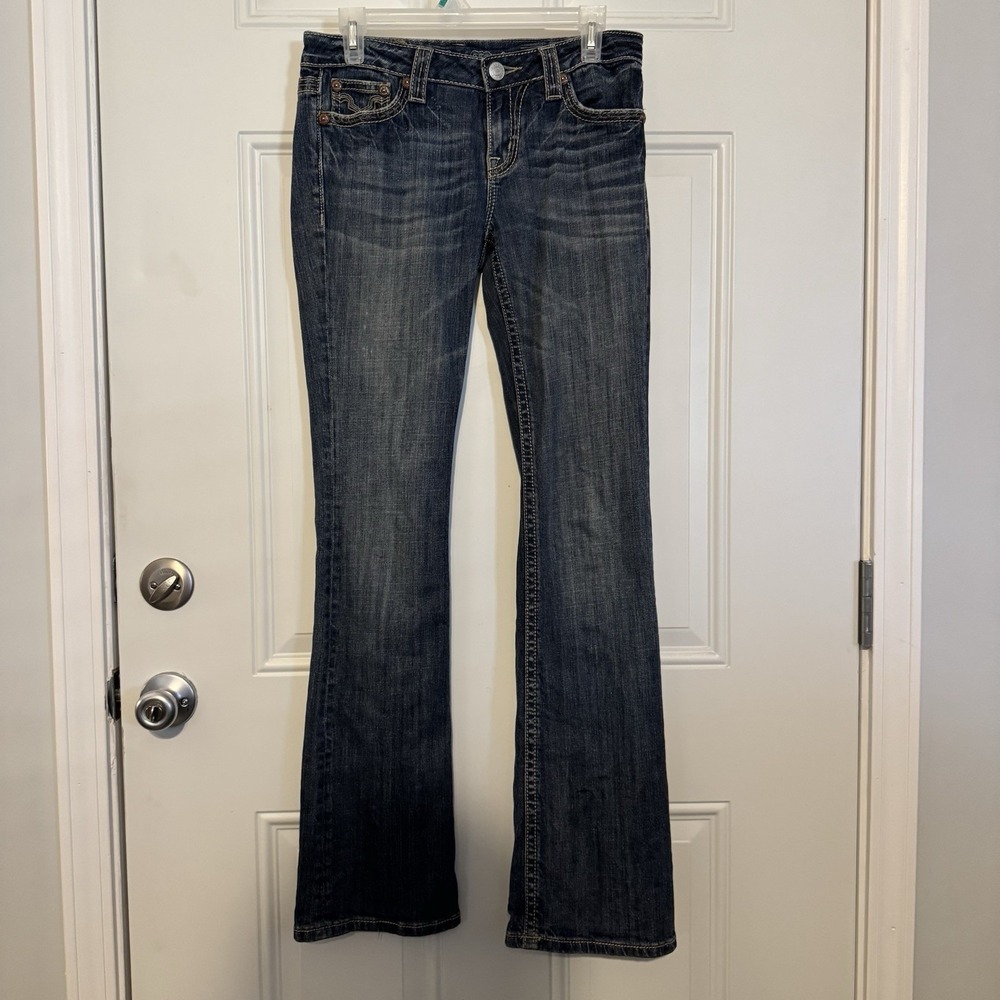 Authentic Miss Me Boot Cut Denim Jeans  Cute Cowhide Pockets‎ Sz. 28